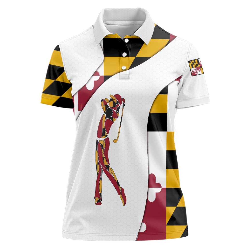 Golf Player Silhouette Women Polo Shirt Maryland Flag Pattern and Custom Name Panel Design - Wonder Print Shop