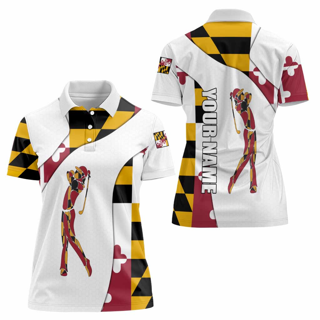 Golf Player Silhouette Women Polo Shirt Maryland Flag Pattern and Custom Name Panel Design - Wonder Print Shop