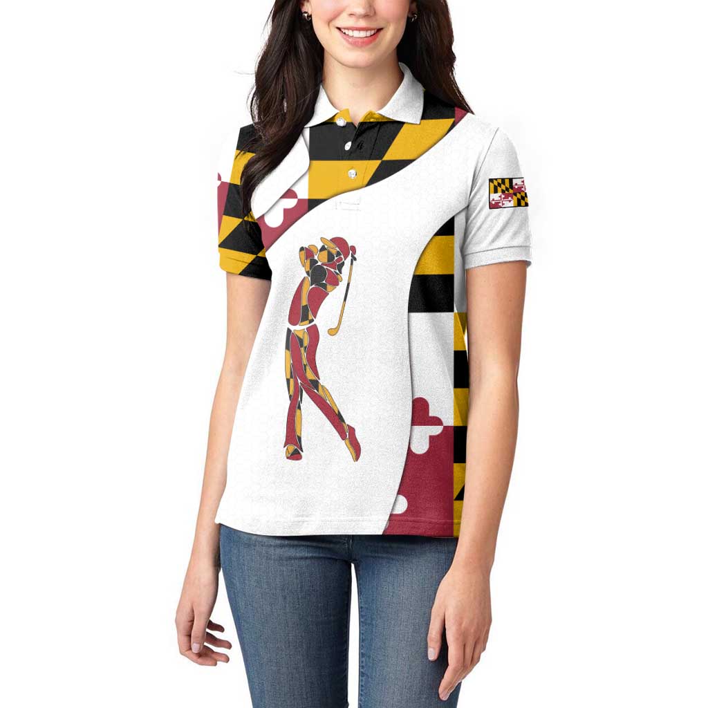 Golf Player Silhouette Women Polo Shirt Maryland Flag Pattern and Custom Name Panel Design - Wonder Print Shop