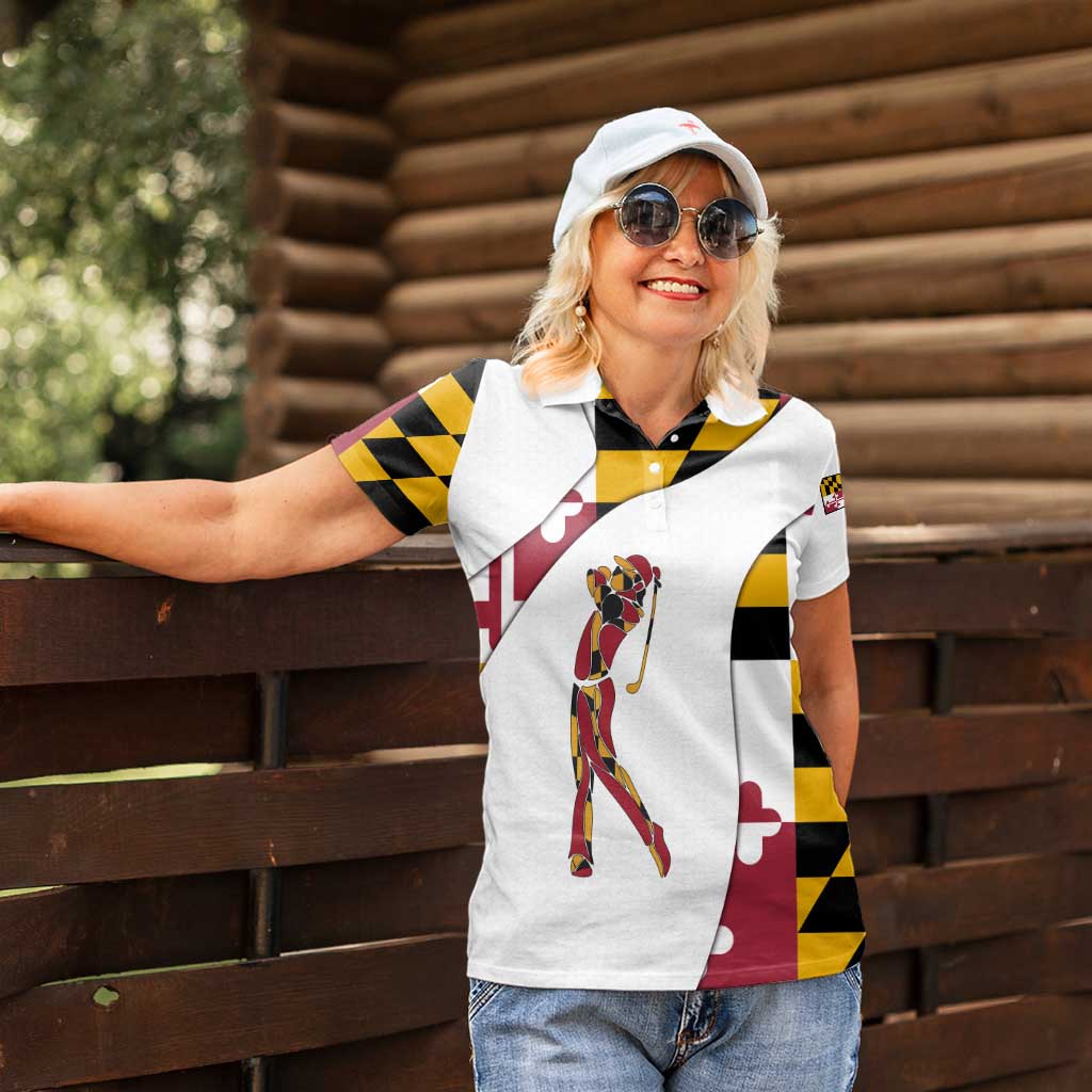 Golf Player Silhouette Women Polo Shirt Maryland Flag Pattern and Custom Name Panel Design - Wonder Print Shop
