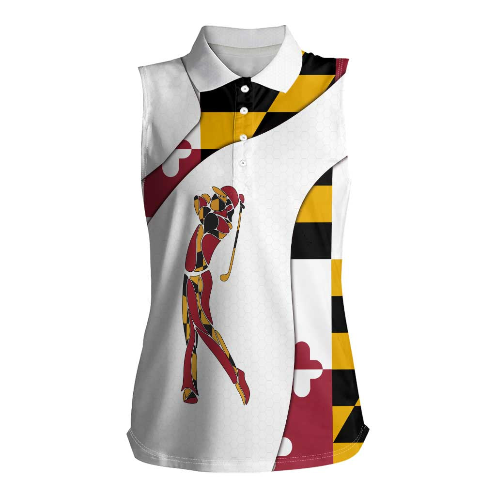 Golf Player Silhouette Women Sleeveless Polo Shirt Maryland Flag Pattern and Custom Name Panel Design - Wonder Print Shop