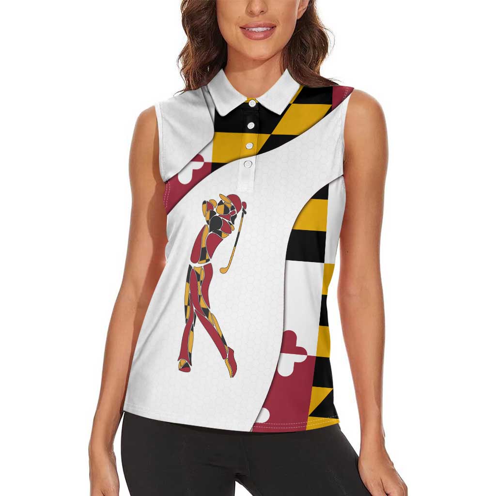 Golf Player Silhouette Women Sleeveless Polo Shirt Maryland Flag Pattern and Custom Name Panel Design - Wonder Print Shop