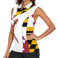 Golf Player Silhouette Women Sleeveless Polo Shirt Maryland Flag Pattern and Custom Name Panel Design - Wonder Print Shop