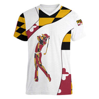 Golf Player Silhouette Women V-Neck T-Shirt Maryland Flag Pattern and Custom Name Panel Design - Wonder Print Shop