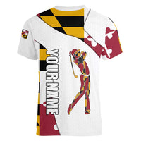 Golf Player Silhouette Women V-Neck T-Shirt Maryland Flag Pattern and Custom Name Panel Design - Wonder Print Shop