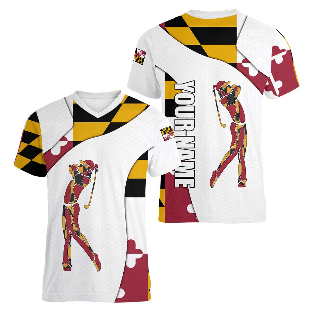 Golf Player Silhouette Women V-Neck T-Shirt Maryland Flag Pattern and Custom Name Panel Design - Wonder Print Shop