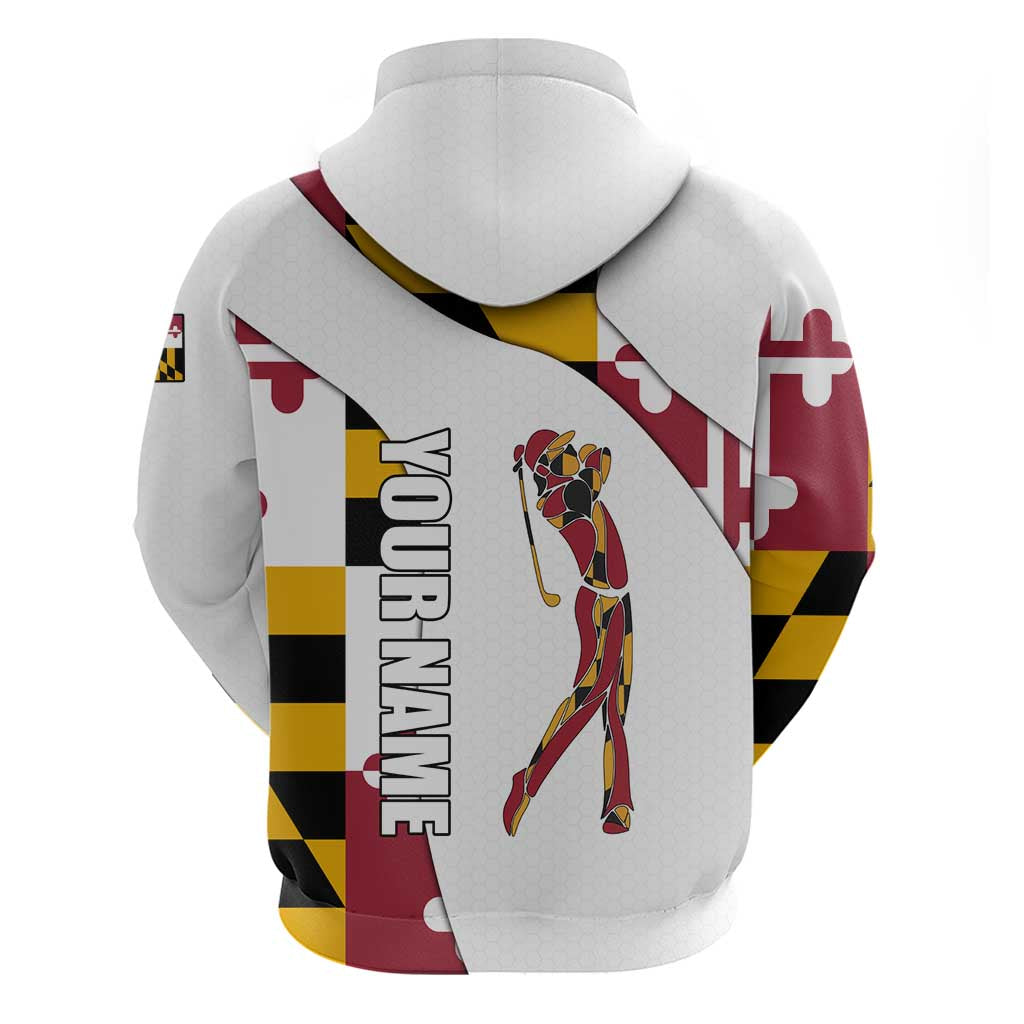 Golf Player Silhouette Zip Hoodie Maryland Flag Pattern and Custom Name Panel Design - Wonder Print Shop