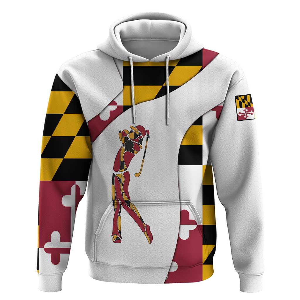 Golf Player Silhouette Zip Hoodie Maryland Flag Pattern and Custom Name Panel Design - Wonder Print Shop