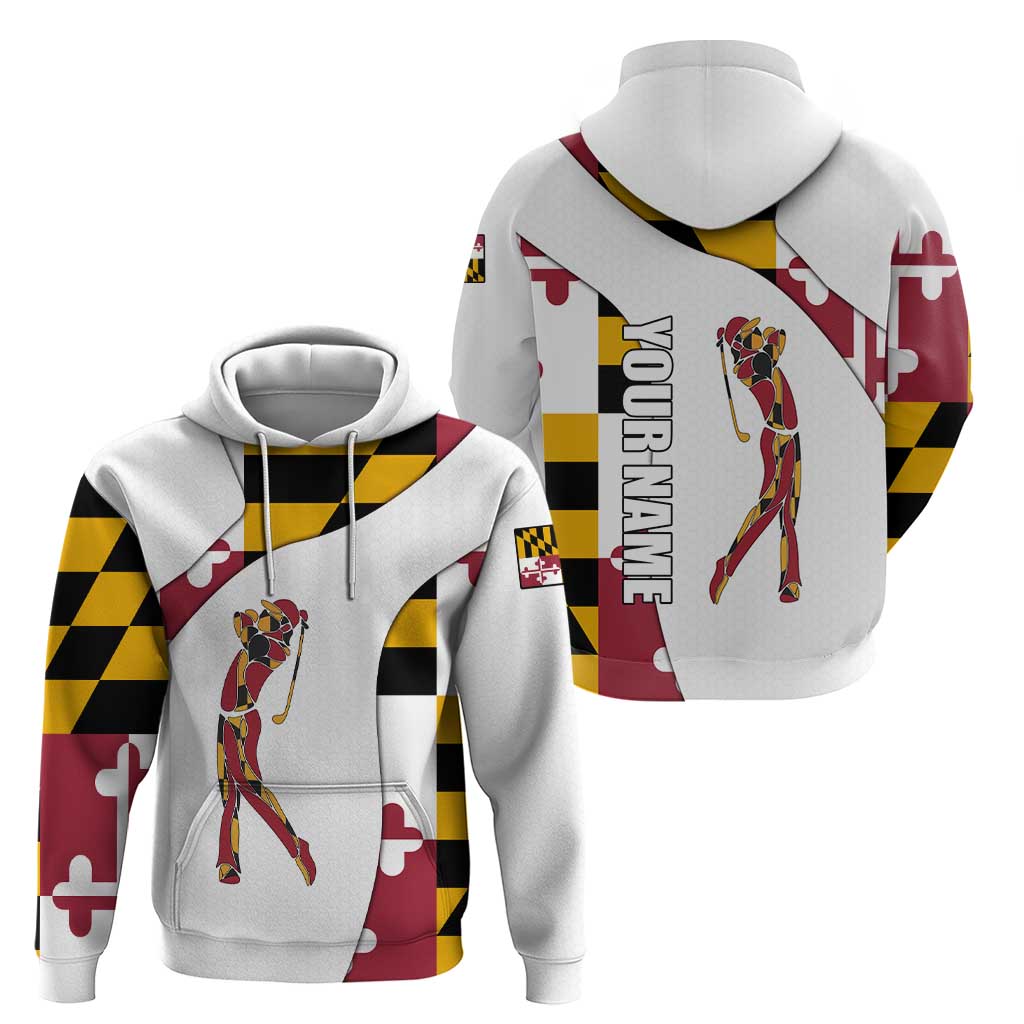 Golf Player Silhouette Zip Hoodie Maryland Flag Pattern and Custom Name Panel Design - Wonder Print Shop