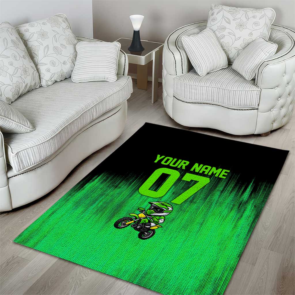 Green Dirt Bike Rider Area Rug Forget Toys I Just Wanna Ride Quote and Custom Racing Name Design - Wonder Print Shop