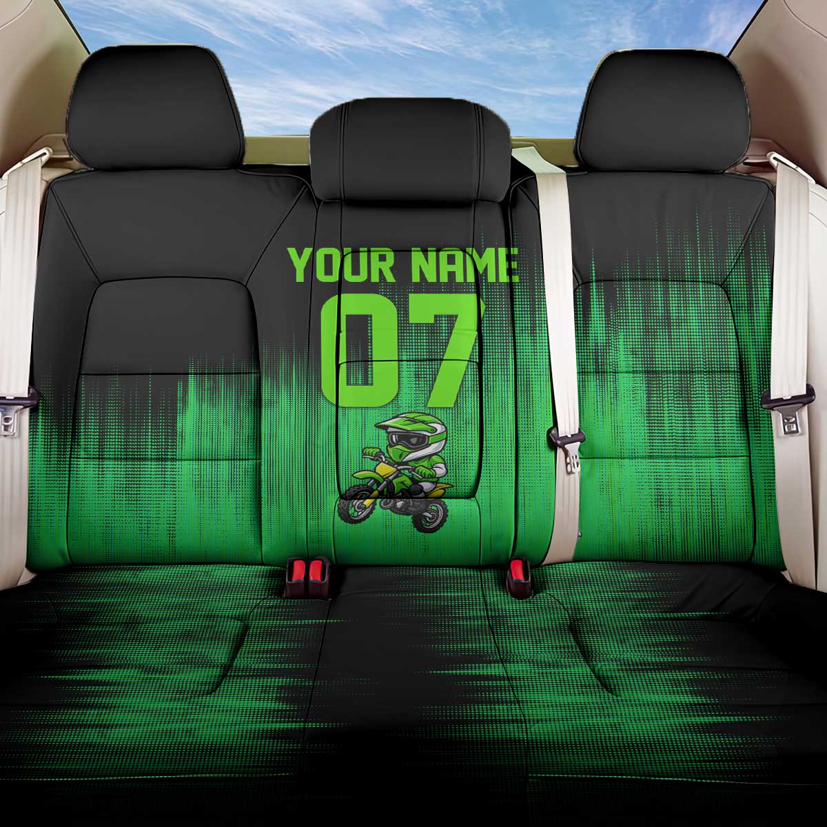 Green Dirt Bike Rider Back Car Seat Cover Forget Toys I Just Wanna Ride Quote and Custom Racing Name Design - Wonder Print Shop