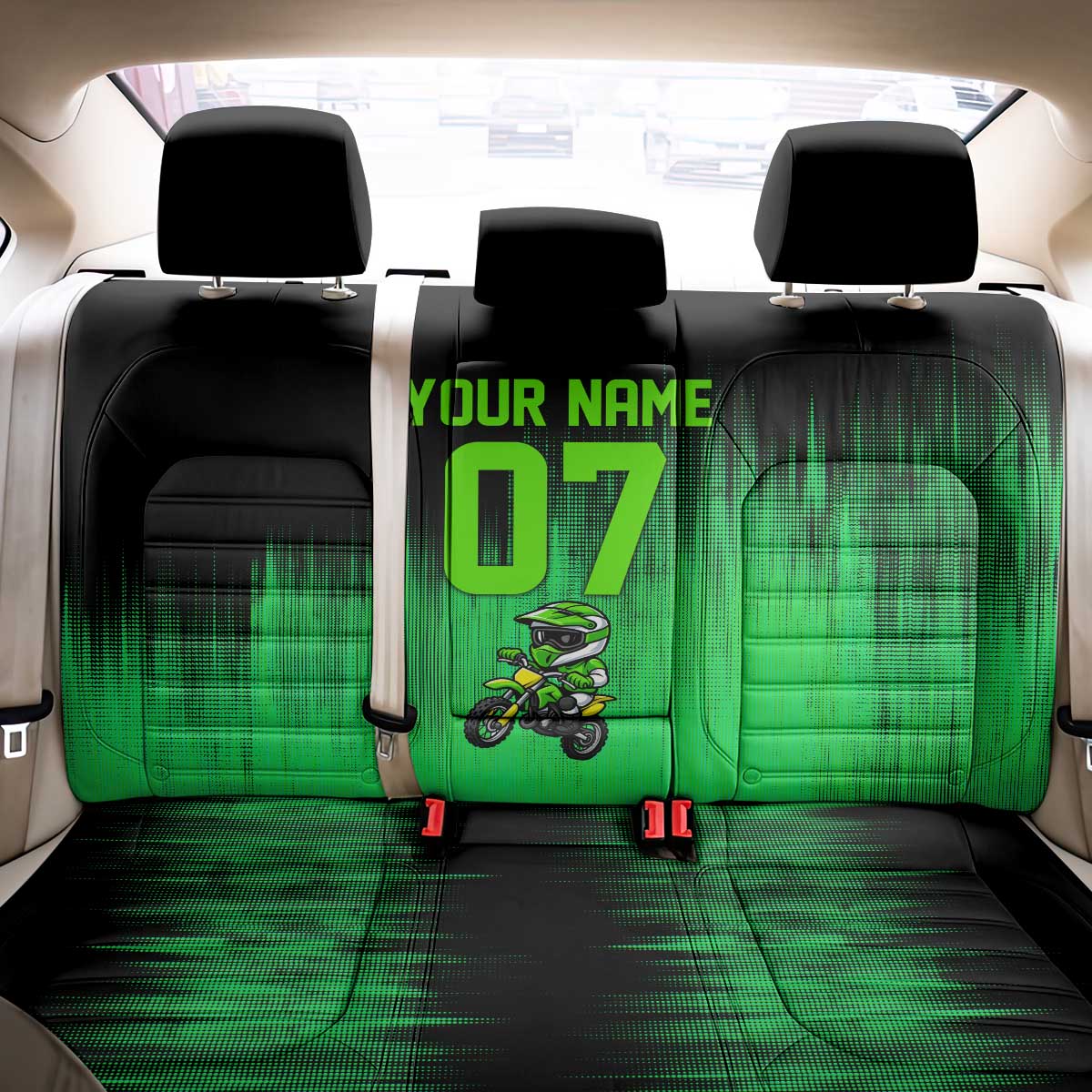Green Dirt Bike Rider Back Car Seat Cover Forget Toys I Just Wanna Ride Quote and Custom Racing Name Design - Wonder Print Shop