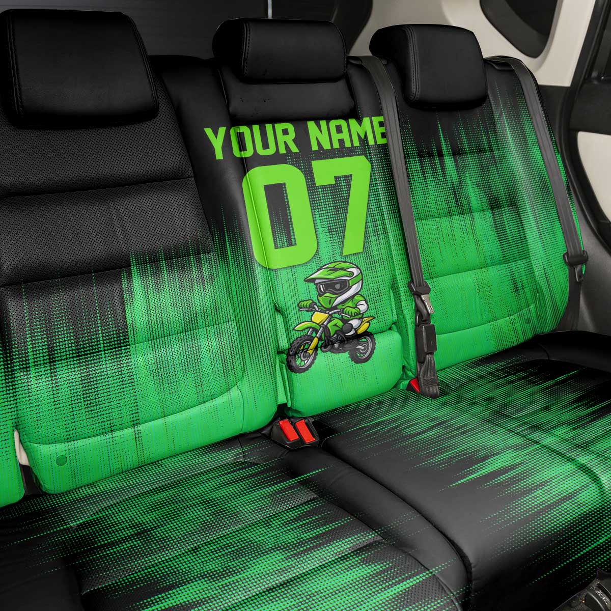 Green Dirt Bike Rider Back Car Seat Cover Forget Toys I Just Wanna Ride Quote and Custom Racing Name Design - Wonder Print Shop