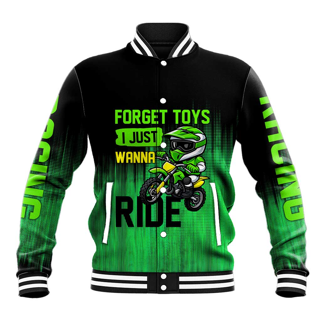 Green Dirt Bike Rider Baseball Jacket Forget Toys I Just Wanna Ride Quote and Custom Racing Name Design - Wonder Print Shop