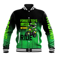 Green Dirt Bike Rider Baseball Jacket Forget Toys I Just Wanna Ride Quote and Custom Racing Name Design - Wonder Print Shop