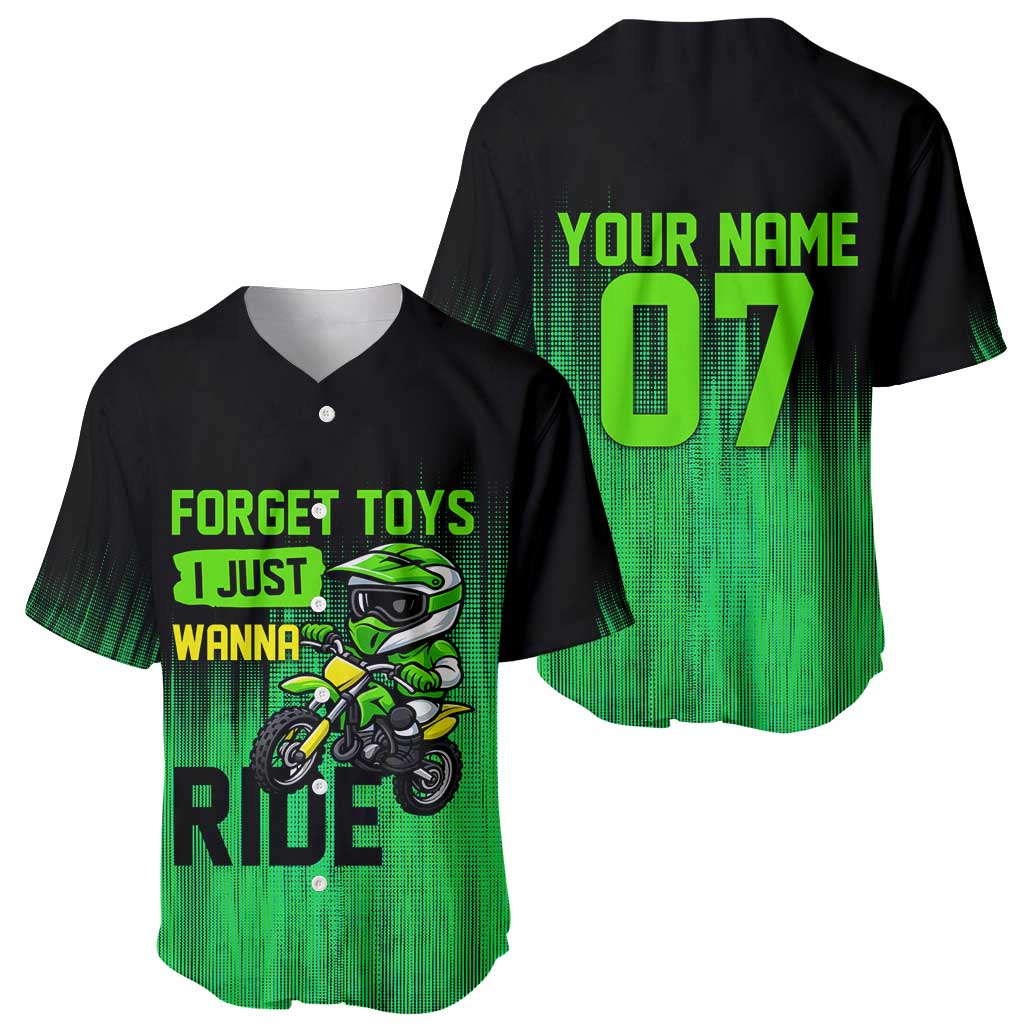 Green Dirt Bike Rider Baseball Jersey Forget Toys I Just Wanna Ride Quote and Custom Racing Name Design - Wonder Print Shop