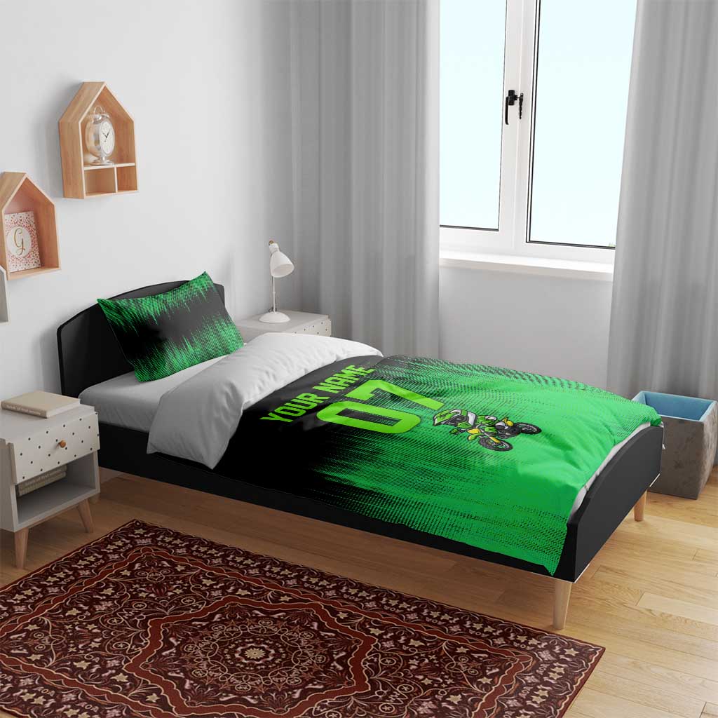 Green Dirt Bike Rider Bedding Set Forget Toys I Just Wanna Ride Quote and Custom Racing Name Design - Wonder Print Shop