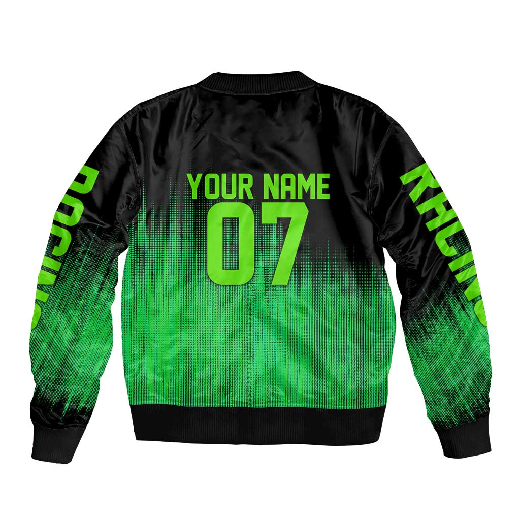 Green Dirt Bike Rider Bomber Jacket Forget Toys I Just Wanna Ride Quote and Custom Racing Name Design - Wonder Print Shop