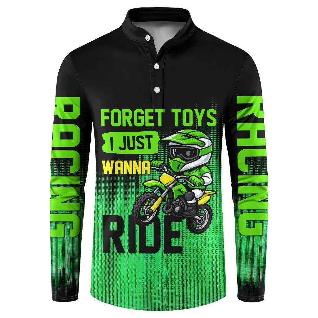 Green Dirt Bike Rider Button Sweatshirt Forget Toys I Just Wanna Ride Quote and Custom Racing Name Design - Wonder Print Shop