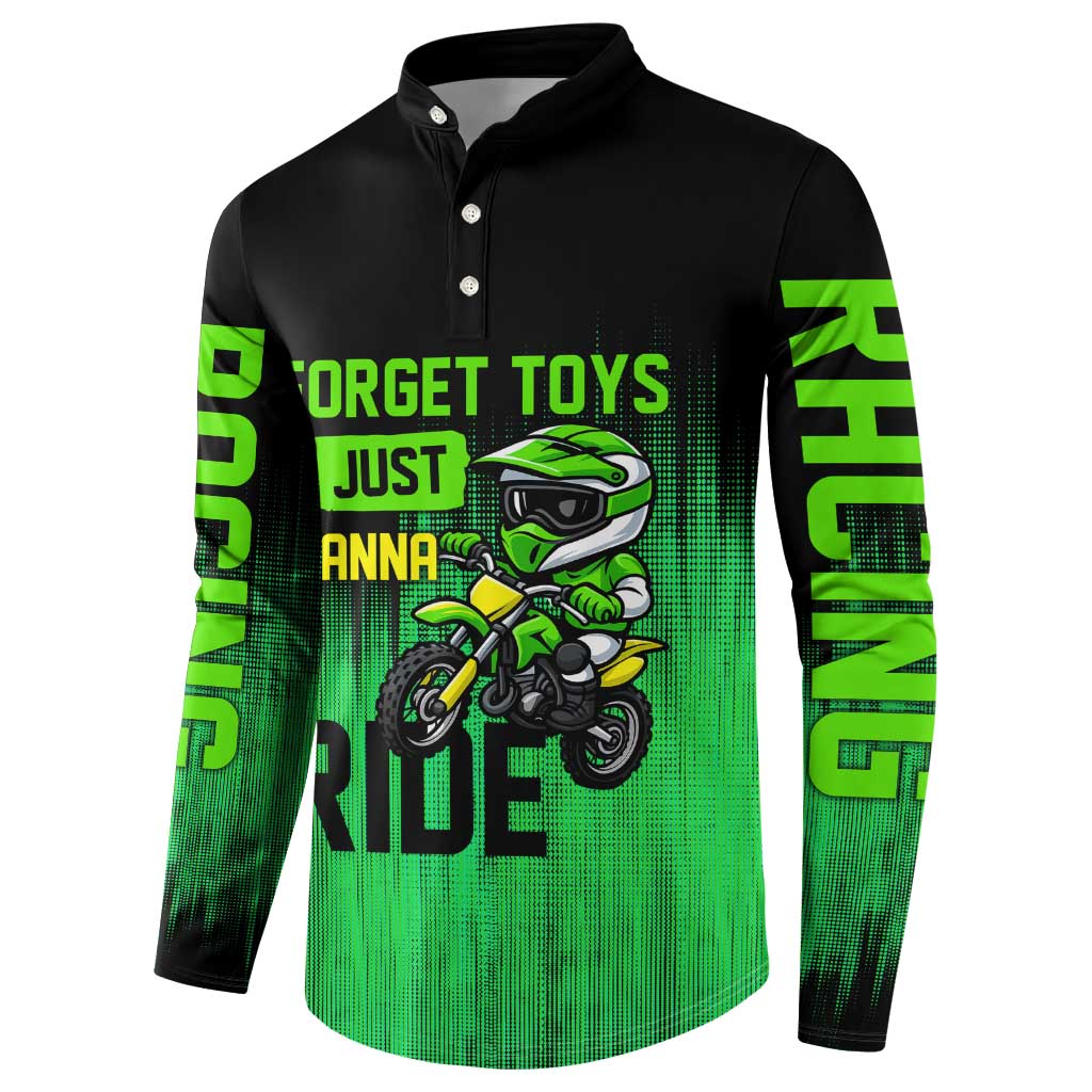 Green Dirt Bike Rider Button Sweatshirt Forget Toys I Just Wanna Ride Quote and Custom Racing Name Design - Wonder Print Shop