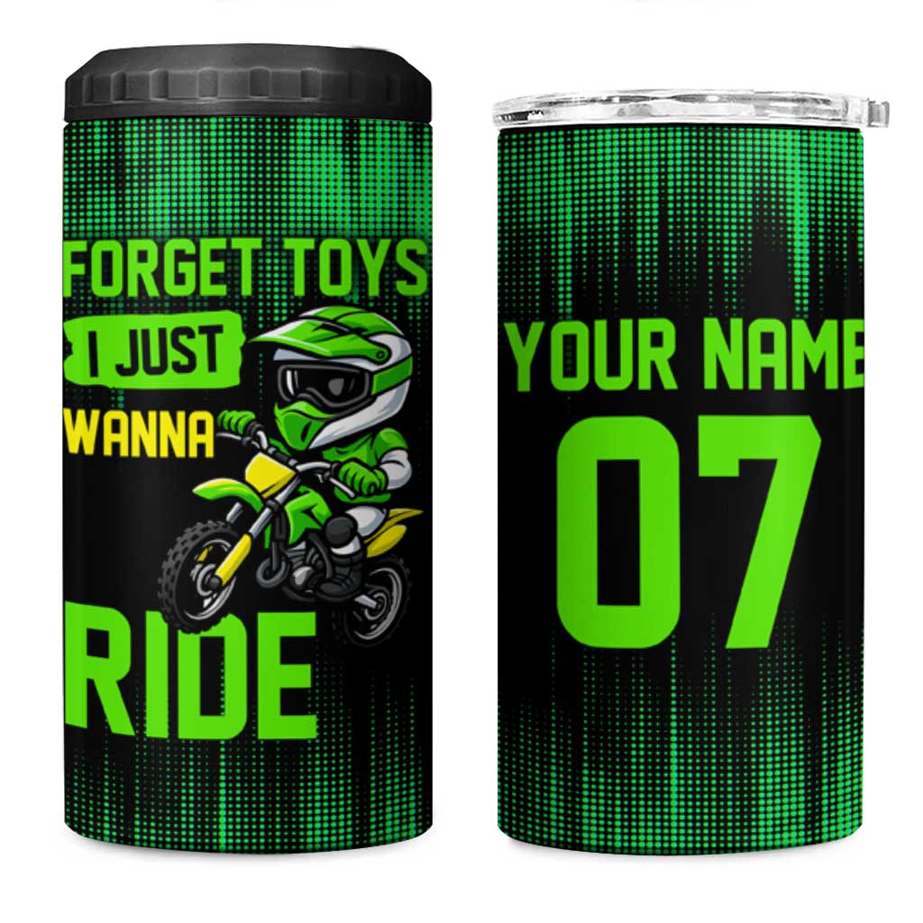 Green Dirt Bike Rider 4 in 1 Can Cooler Tumbler Forget Toys I Just Wanna Ride Quote and Custom Racing Name Design - Wonder Print Shop
