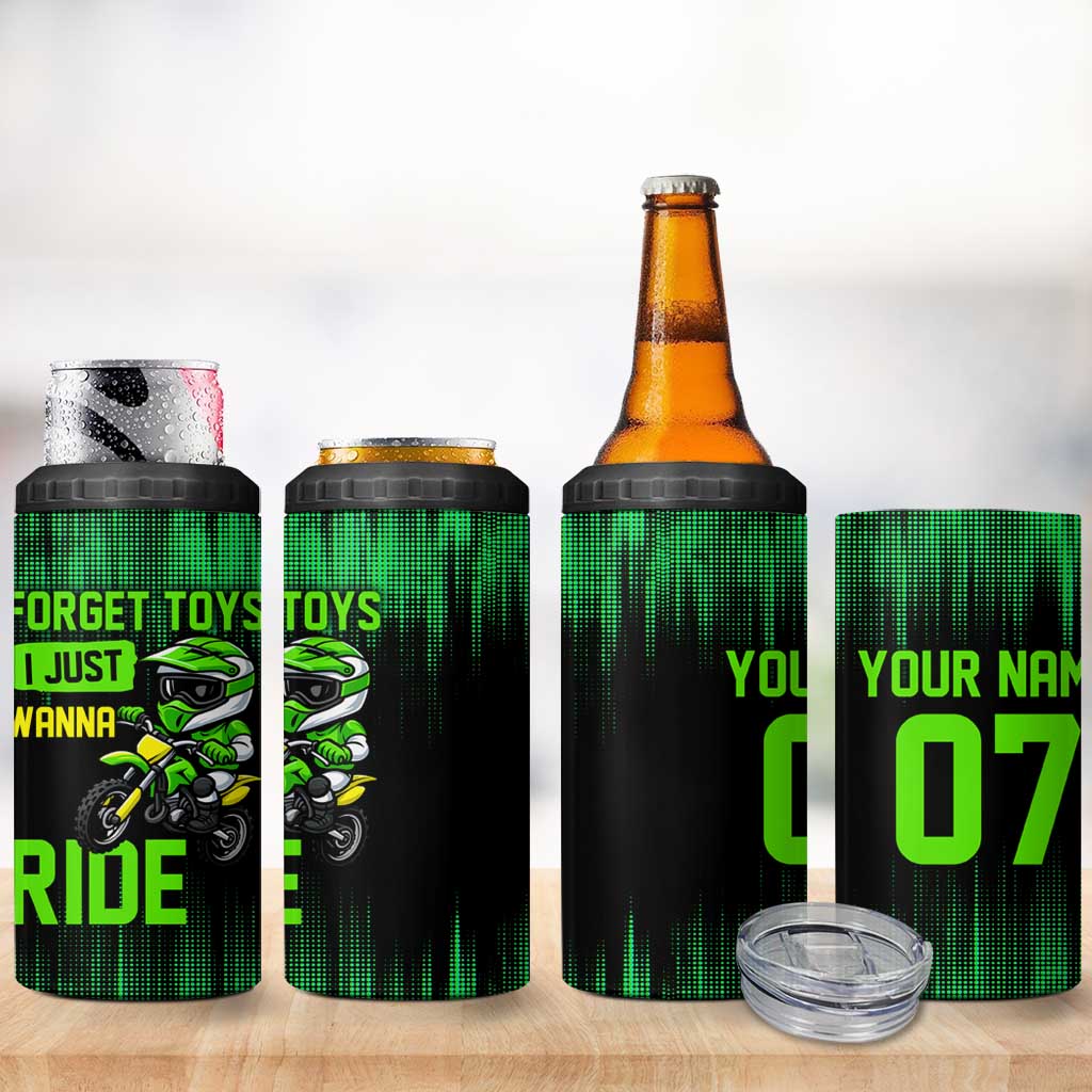 Green Dirt Bike Rider 4 in 1 Can Cooler Tumbler Forget Toys I Just Wanna Ride Quote and Custom Racing Name Design - Wonder Print Shop