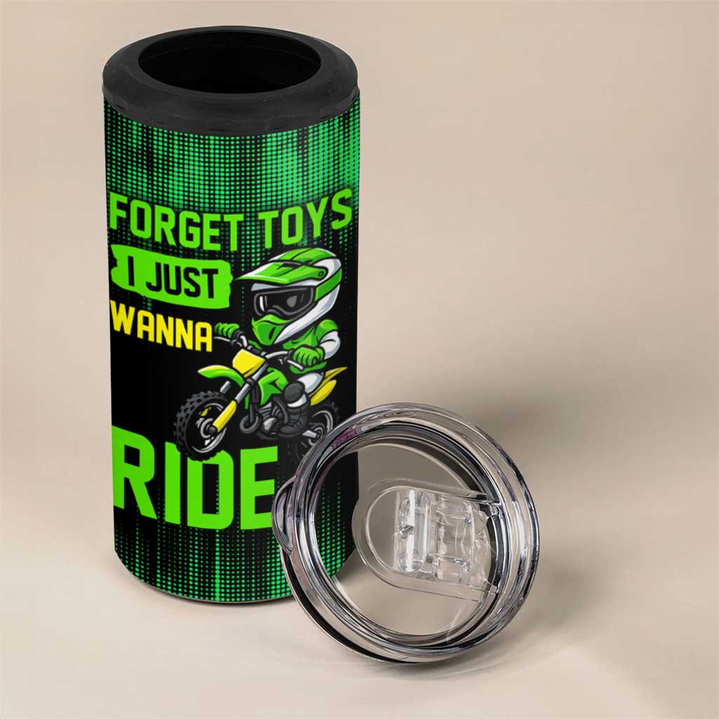 Green Dirt Bike Rider 4 in 1 Can Cooler Tumbler Forget Toys I Just Wanna Ride Quote and Custom Racing Name Design - Wonder Print Shop