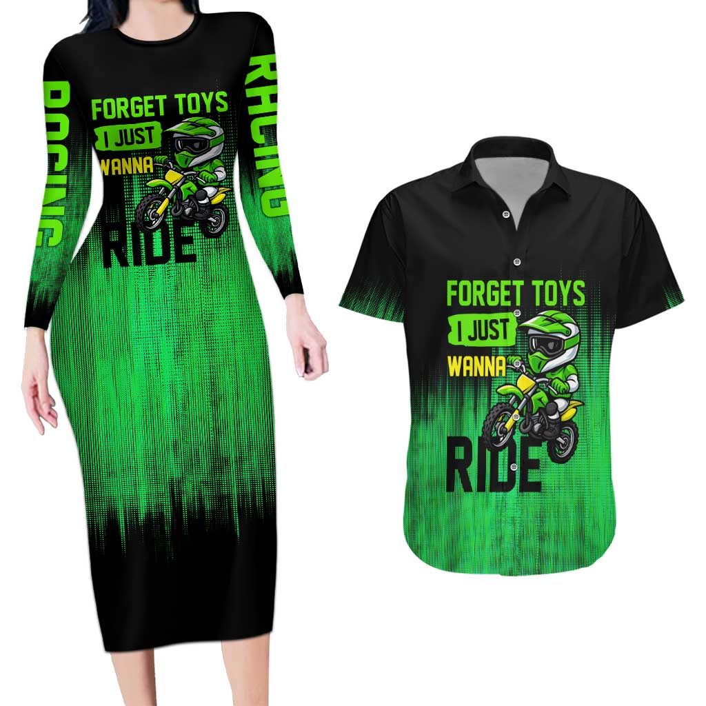 Green Dirt Bike Rider Couples Matching Long Sleeve Bodycon Dress and Hawaiian Shirt Forget Toys I Just Wanna Ride Quote and Custom Racing Name Design - Wonder Print Shop