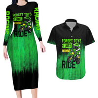 Green Dirt Bike Rider Couples Matching Long Sleeve Bodycon Dress and Hawaiian Shirt Forget Toys I Just Wanna Ride Quote and Custom Racing Name Design - Wonder Print Shop