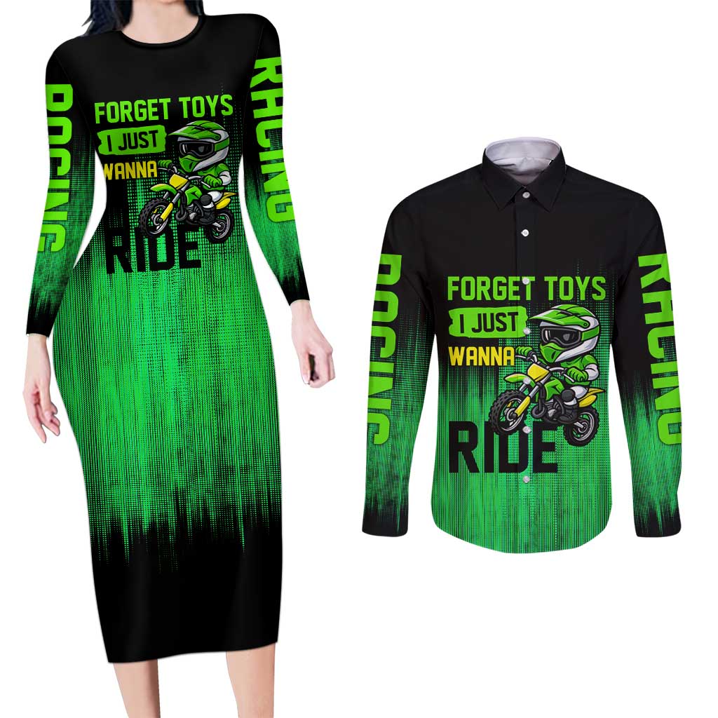 Green Dirt Bike Rider Couples Matching Long Sleeve Bodycon Dress and Long Sleeve Button Shirt Forget Toys I Just Wanna Ride Quote and Custom Racing Name Design - Wonder Print Shop