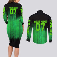 Green Dirt Bike Rider Couples Matching Long Sleeve Bodycon Dress and Long Sleeve Button Shirt Forget Toys I Just Wanna Ride Quote and Custom Racing Name Design - Wonder Print Shop