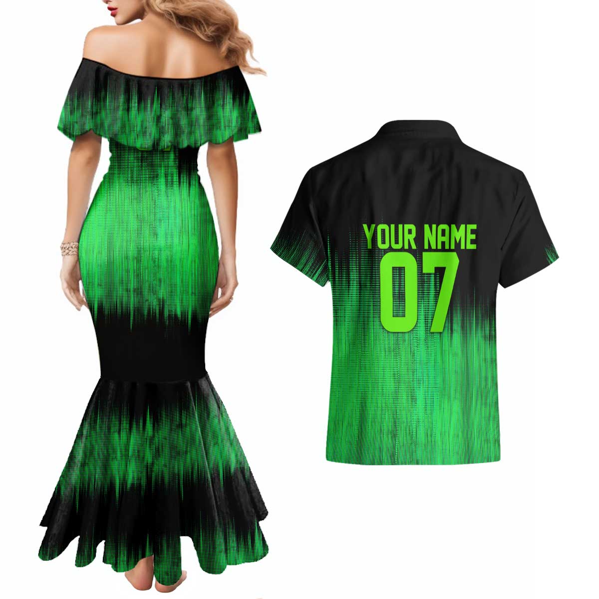 Green Dirt Bike Rider Couples Matching Mermaid Dress and Hawaiian Shirt Forget Toys I Just Wanna Ride Quote and Custom Racing Name Design - Wonder Print Shop