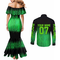 Green Dirt Bike Rider Couples Matching Mermaid Dress and Long Sleeve Button Shirt Forget Toys I Just Wanna Ride Quote and Custom Racing Name Design - Wonder Print Shop