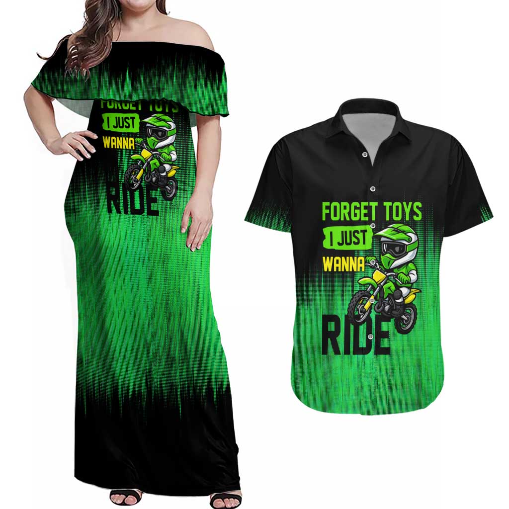 Green Dirt Bike Rider Couples Matching Off Shoulder Maxi Dress and Hawaiian Shirt Forget Toys I Just Wanna Ride Quote and Custom Racing Name Design - Wonder Print Shop