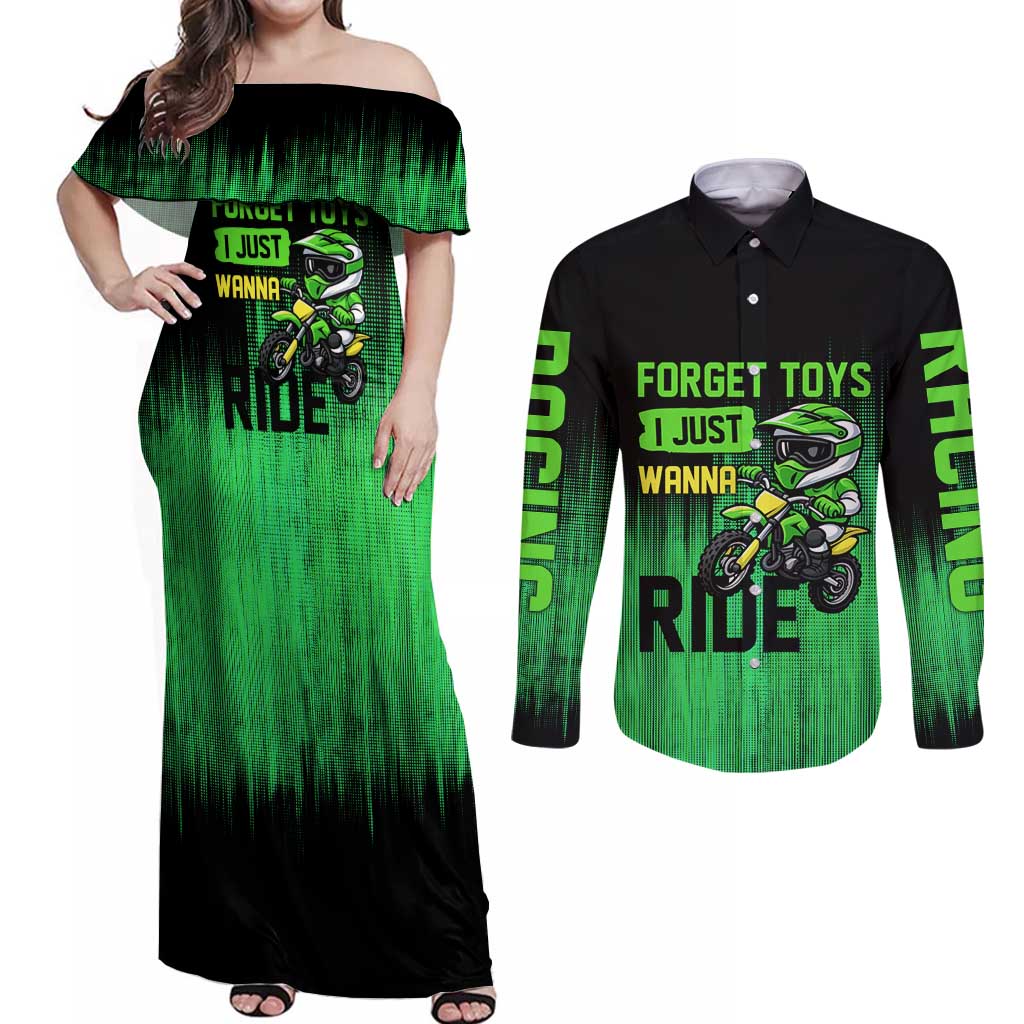 Green Dirt Bike Rider Couples Matching Off Shoulder Maxi Dress and Long Sleeve Button Shirt Forget Toys I Just Wanna Ride Quote and Custom Racing Name Design - Wonder Print Shop