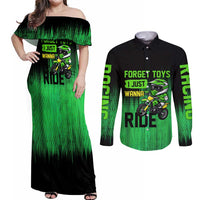 Green Dirt Bike Rider Couples Matching Off Shoulder Maxi Dress and Long Sleeve Button Shirt Forget Toys I Just Wanna Ride Quote and Custom Racing Name Design - Wonder Print Shop