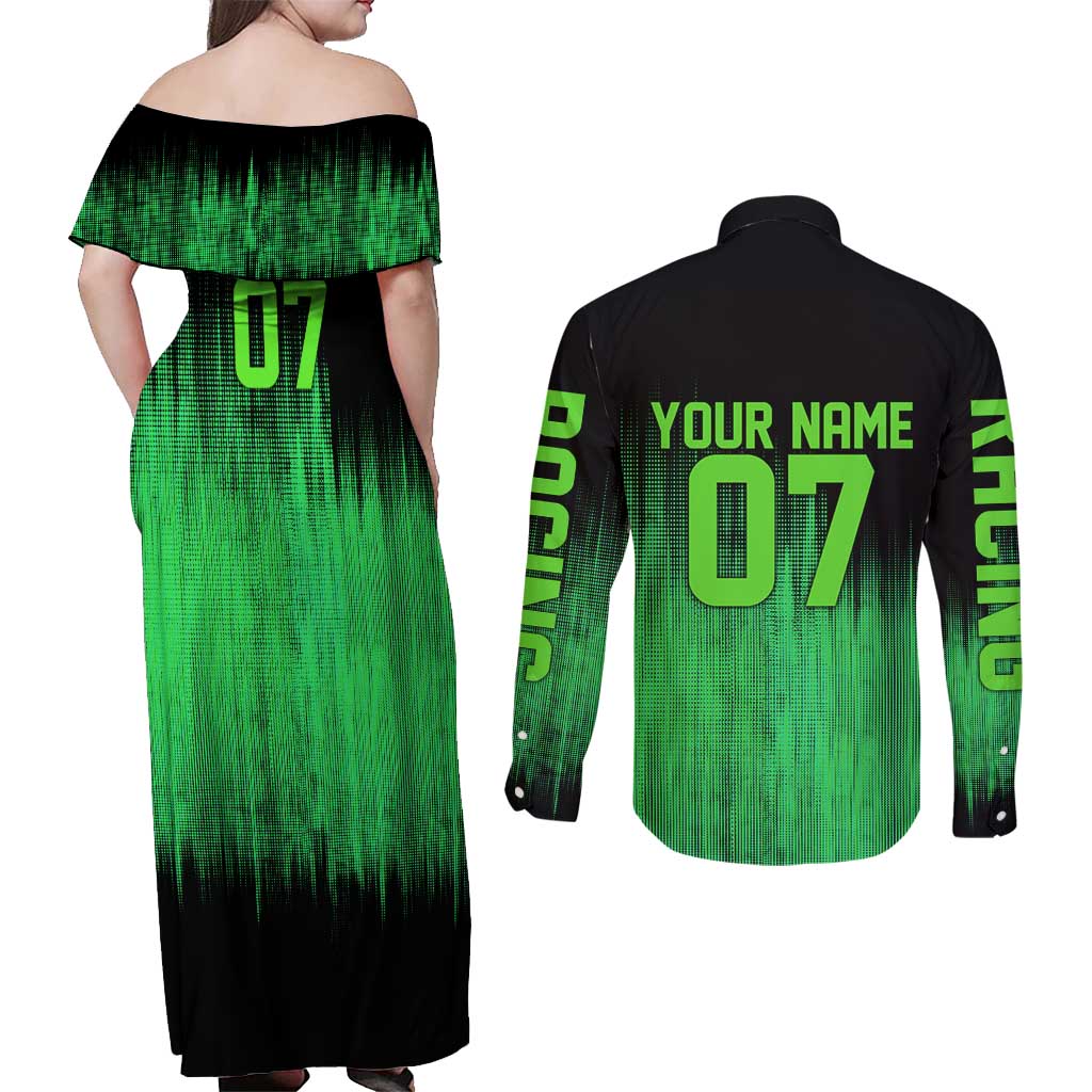 Green Dirt Bike Rider Couples Matching Off Shoulder Maxi Dress and Long Sleeve Button Shirt Forget Toys I Just Wanna Ride Quote and Custom Racing Name Design - Wonder Print Shop