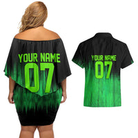 Green Dirt Bike Rider Couples Matching Off Shoulder Short Dress and Hawaiian Shirt Forget Toys I Just Wanna Ride Quote and Custom Racing Name Design - Wonder Print Shop