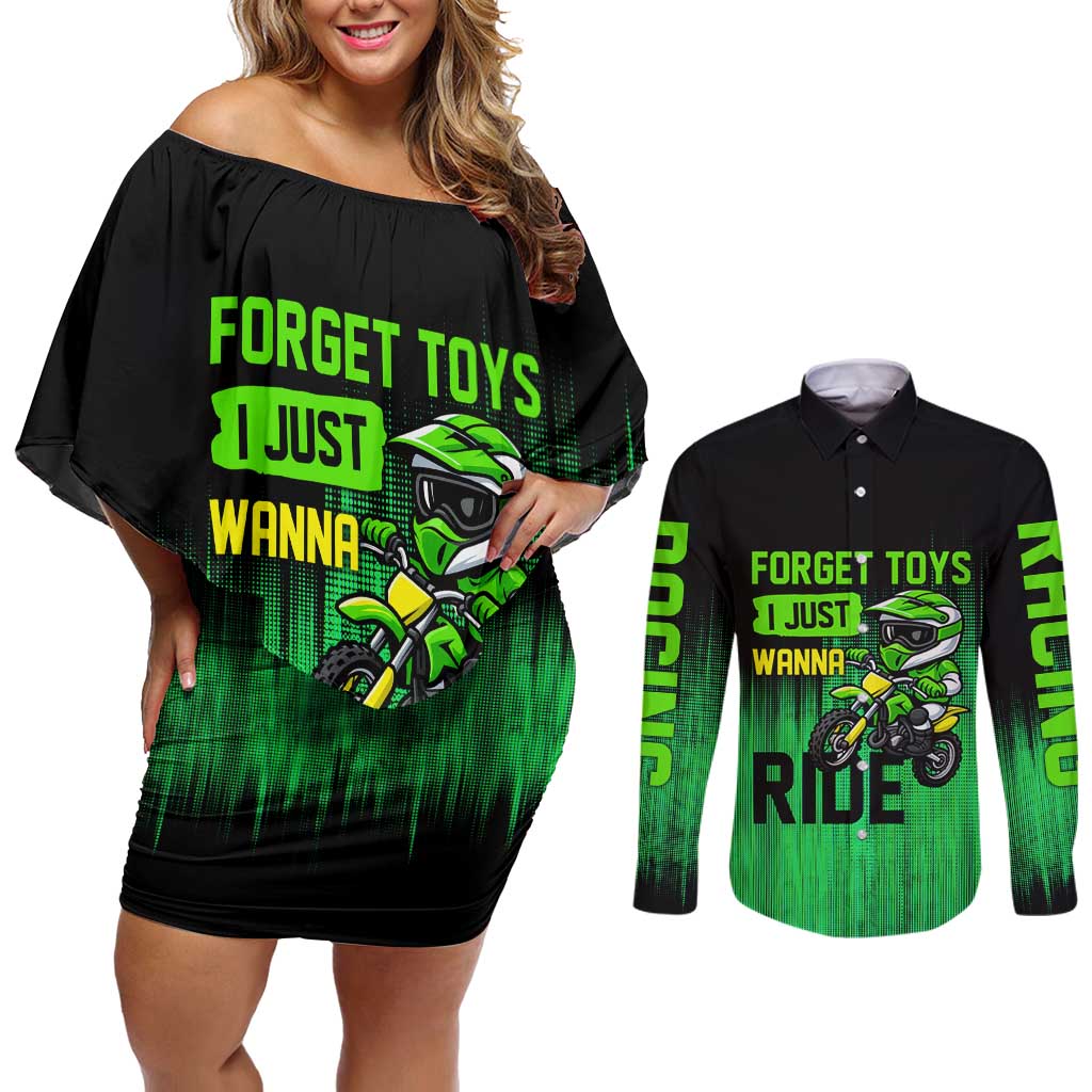 Green Dirt Bike Rider Couples Matching Off Shoulder Short Dress and Long Sleeve Button Shirt Forget Toys I Just Wanna Ride Quote and Custom Racing Name Design - Wonder Print Shop