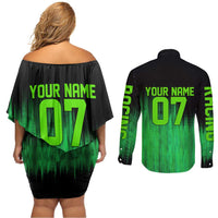 Green Dirt Bike Rider Couples Matching Off Shoulder Short Dress and Long Sleeve Button Shirt Forget Toys I Just Wanna Ride Quote and Custom Racing Name Design - Wonder Print Shop