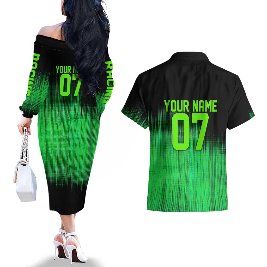 Green Dirt Bike Rider Couples Matching Off The Shoulder Long Sleeve Dress and Hawaiian Shirt Forget Toys I Just Wanna Ride Quote and Custom Racing Name Design - Wonder Print Shop