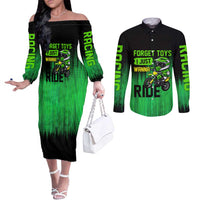 Green Dirt Bike Rider Couples Matching Off The Shoulder Long Sleeve Dress and Long Sleeve Button Shirt Forget Toys I Just Wanna Ride Quote and Custom Racing Name Design - Wonder Print Shop