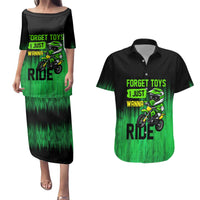 Green Dirt Bike Rider Couples Matching Puletasi and Hawaiian Shirt Forget Toys I Just Wanna Ride Quote and Custom Racing Name Design - Wonder Print Shop