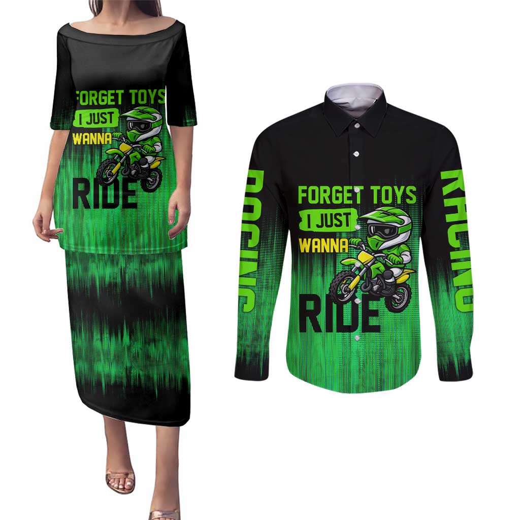 Green Dirt Bike Rider Couples Matching Puletasi and Long Sleeve Button Shirt Forget Toys I Just Wanna Ride Quote and Custom Racing Name Design - Wonder Print Shop