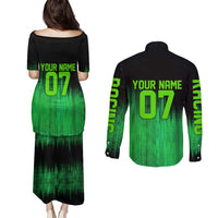 Green Dirt Bike Rider Couples Matching Puletasi and Long Sleeve Button Shirt Forget Toys I Just Wanna Ride Quote and Custom Racing Name Design - Wonder Print Shop