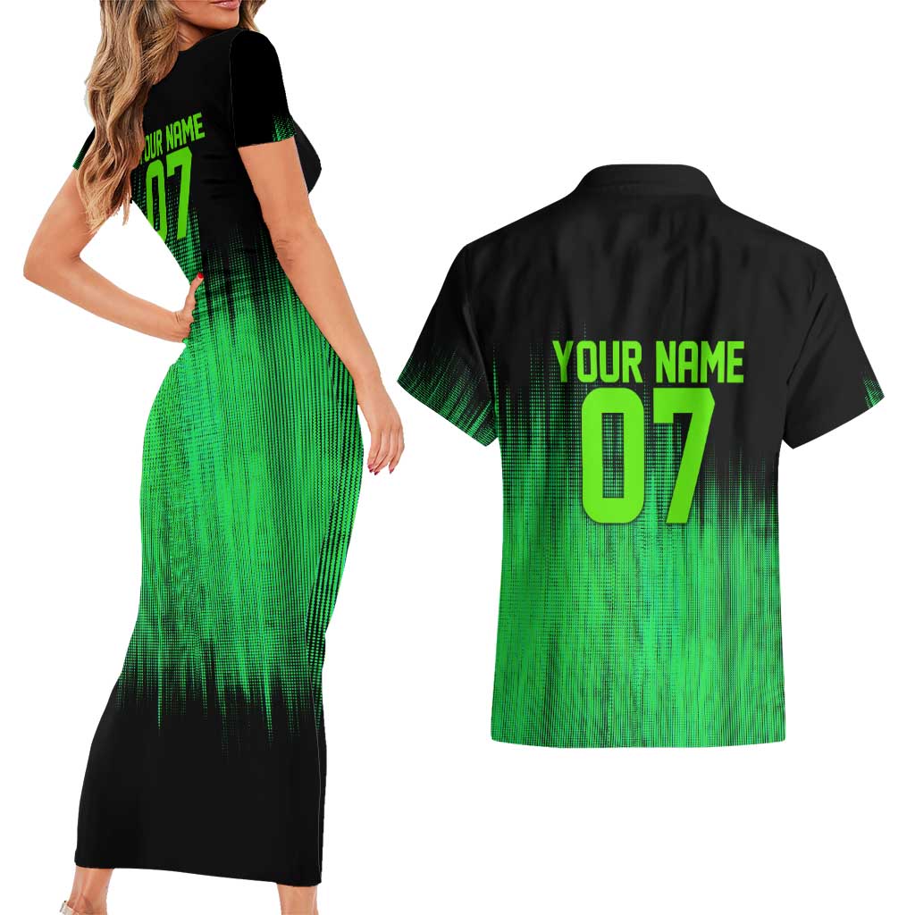 Green Dirt Bike Rider Couples Matching Short Sleeve Bodycon Dress and Hawaiian Shirt Forget Toys I Just Wanna Ride Quote and Custom Racing Name Design - Wonder Print Shop