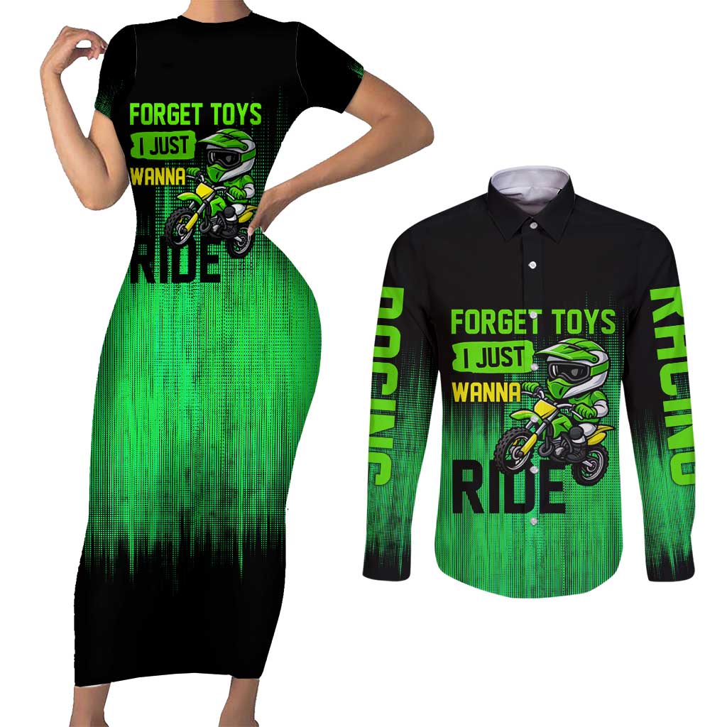 Green Dirt Bike Rider Couples Matching Short Sleeve Bodycon Dress and Long Sleeve Button Shirt Forget Toys I Just Wanna Ride Quote and Custom Racing Name Design - Wonder Print Shop
