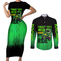 Green Dirt Bike Rider Couples Matching Short Sleeve Bodycon Dress and Long Sleeve Button Shirt Forget Toys I Just Wanna Ride Quote and Custom Racing Name Design - Wonder Print Shop
