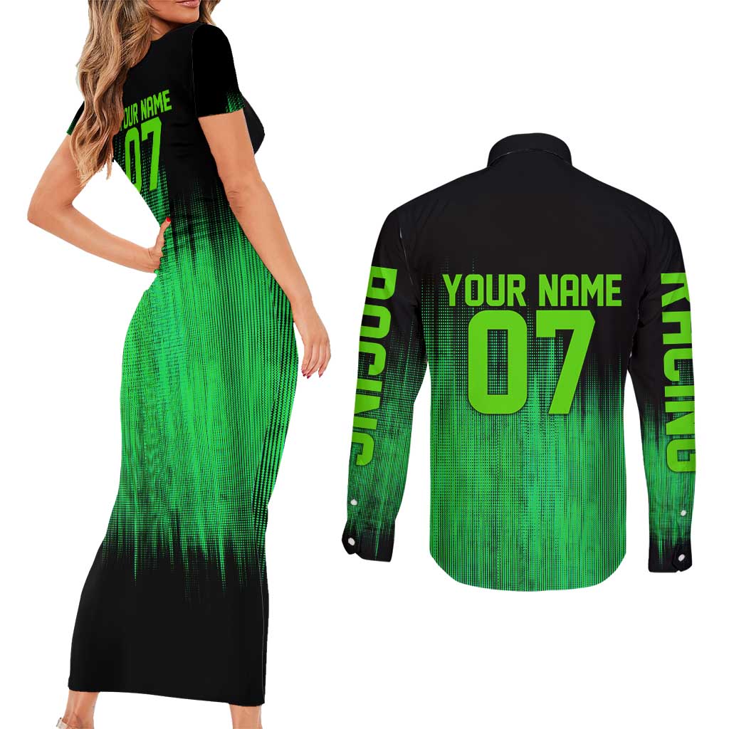 Green Dirt Bike Rider Couples Matching Short Sleeve Bodycon Dress and Long Sleeve Button Shirt Forget Toys I Just Wanna Ride Quote and Custom Racing Name Design - Wonder Print Shop