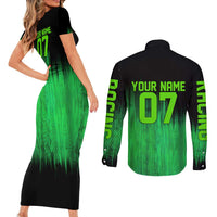 Green Dirt Bike Rider Couples Matching Short Sleeve Bodycon Dress and Long Sleeve Button Shirt Forget Toys I Just Wanna Ride Quote and Custom Racing Name Design - Wonder Print Shop